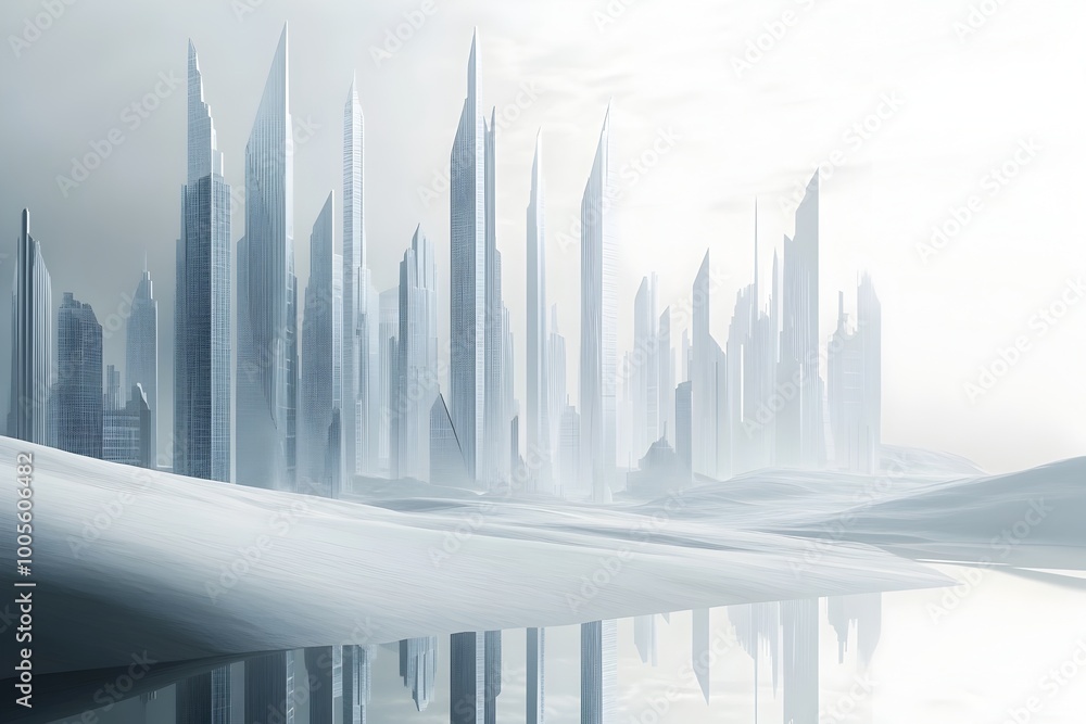 Poster expansive modernist cityscape featuring a sprawling skyline of abstract geometric skyscrapers with s