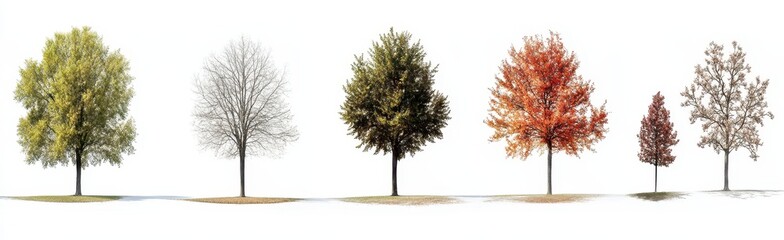 Photorealistic photograph of a series of trees at different stages in their growth, from young to fully grown and old, against a white background. 