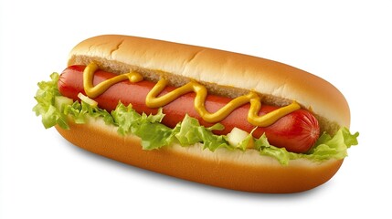 A hot dog with lettuce, tomatoes, and mustard served on a bun.generative ai