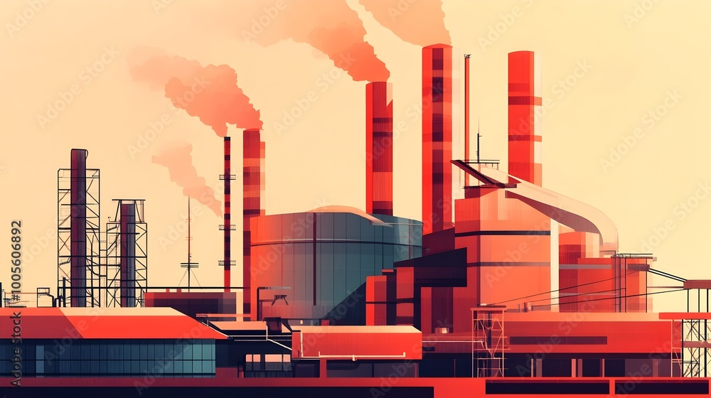 Poster minimalist power plant featuring abstract architectural forms bold solid colors and a dynamic compos
