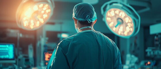 Back view of a surgeon performing a lifesaving procedure in a clean and organized hospital operating room