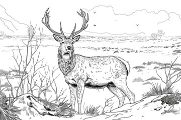 Coloring book illustration of a graceful red deer standing in a snowy field surrounded by dry grass and moss on a winter day gazing ahead