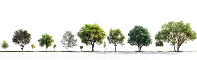 Fototapeta premium Realistic photograph of full-length trees in different stages from small to tall, each with distinct leaves and textures, isolated on a white background,