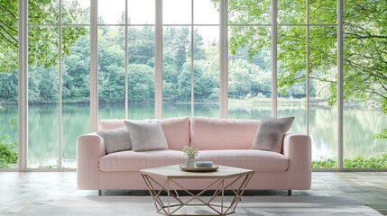 Spacious living room with a soft pink sofa, a geometric coffee table, and wide windows with a view of a tranquil lake Serene and stylish