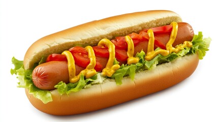 A hot dog with lettuce, tomatoes, and mustard served on a bun.generative ai