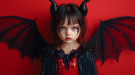 A little girl dressed as a glamorous vampire with a sparkling cape and glittery face makeup poses for Halloween photos