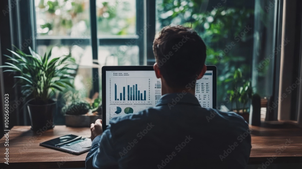 Poster person working on a computer with graphs and plants in a cozy workspace.