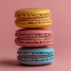 Colorful stack of macarons in pastel shades on a pink background