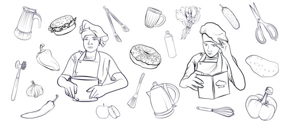 a set of black and white hand-drawn drawings of a chef in uniform with cooking tools vector