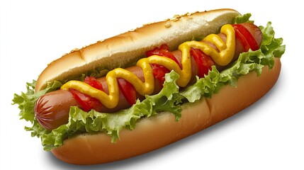 A hot dog with lettuce, tomatoes, and mustard served on a bun.generative ai