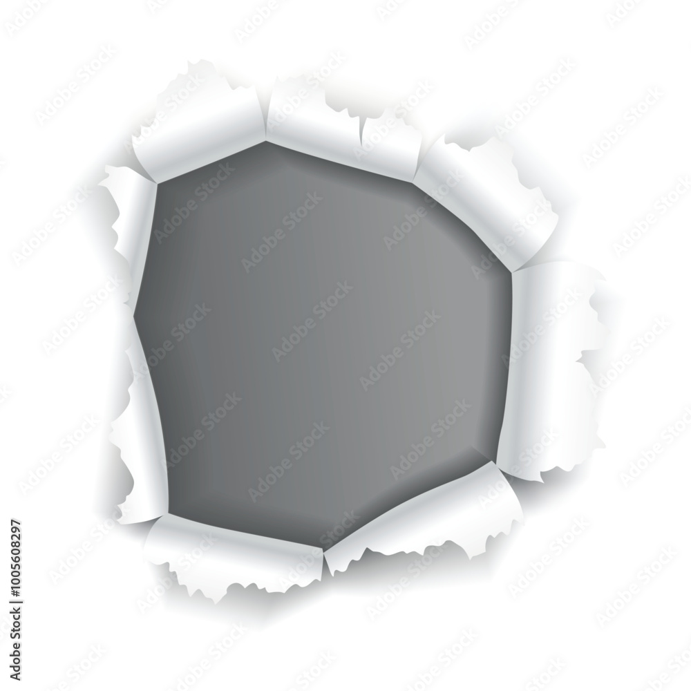 Poster paper hole of gray torn paper. torn sides over dark paper background with space for text. realistic 