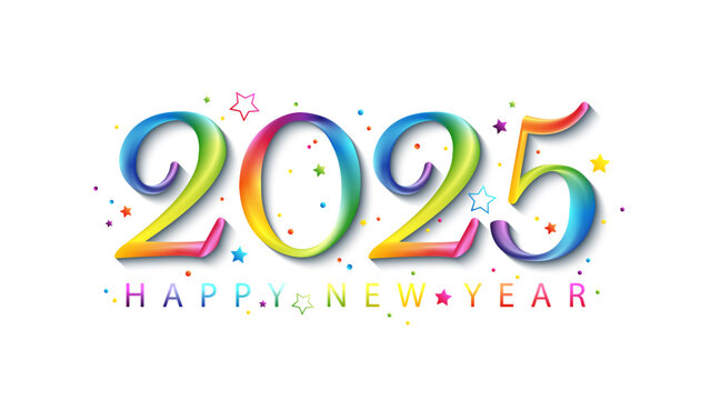 HAPPY NEW YEAR 2025 colorful vector brush calligraphy banner with stars and dots on white background