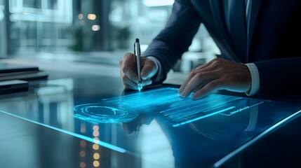 Obraz premium Futuristic Business Partnership Virtual Contract Signing on Sleek Holographic Signature Pad in a Modern Professional Corporate Setting Seamless Digital Workflow and Paperless Agreement Process