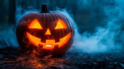 Naklejka premium Glowing Neon Pumpkin in Foggy Background