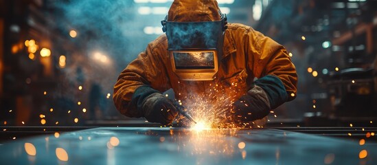 A welder in a protective suit and mask, welding metal with spark