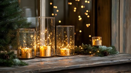Sparkling Lights in Glass Jars on Rustic Wooden Table