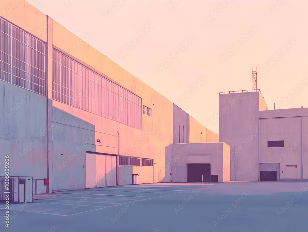 Poster pastel toned industrial complex with minimalist concrete structures and linear architectural pattern