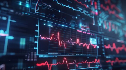 A close-up of a computer screen displaying various graphs and charts, with a prominent red line representing data fluctuations.