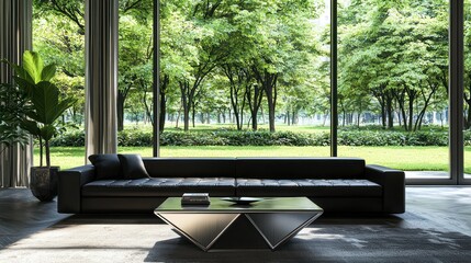 Urban minimalist living room with a black leather sofa, a geometric metal coffee table, and large windows facing a lush green park