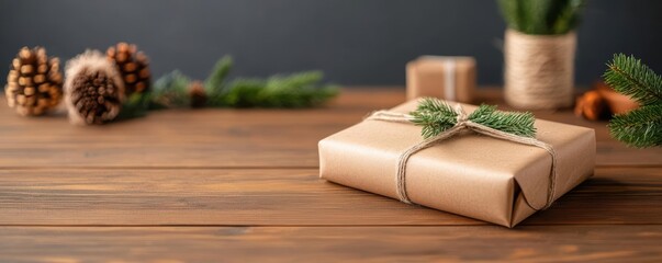 Beautifully wrapped gift with natural decorations on wooden table, perfect for Christmas, birthday, or any special occasion.