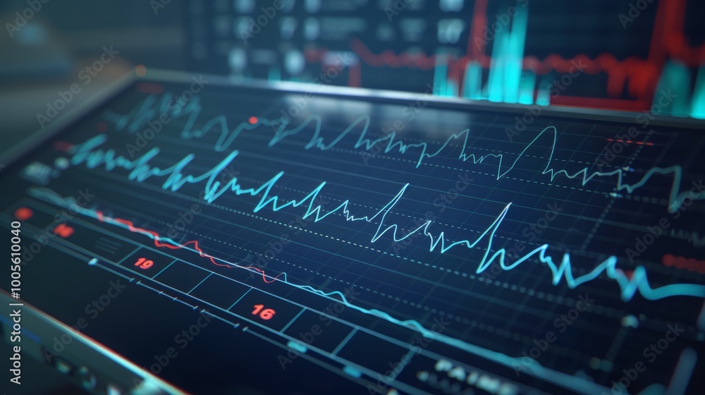 Poster close-up shot of a digital screen displaying financial data, with lines fluctuating upwards and down