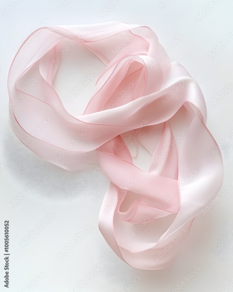 Poster delicate pink ribbon artfully draped across a pristine white background creating a minimalist design