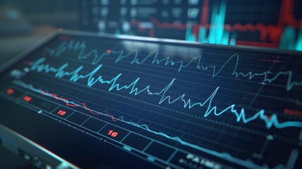Close-up shot of a digital screen displaying financial data, with lines fluctuating upwards and downwards on a dark background.