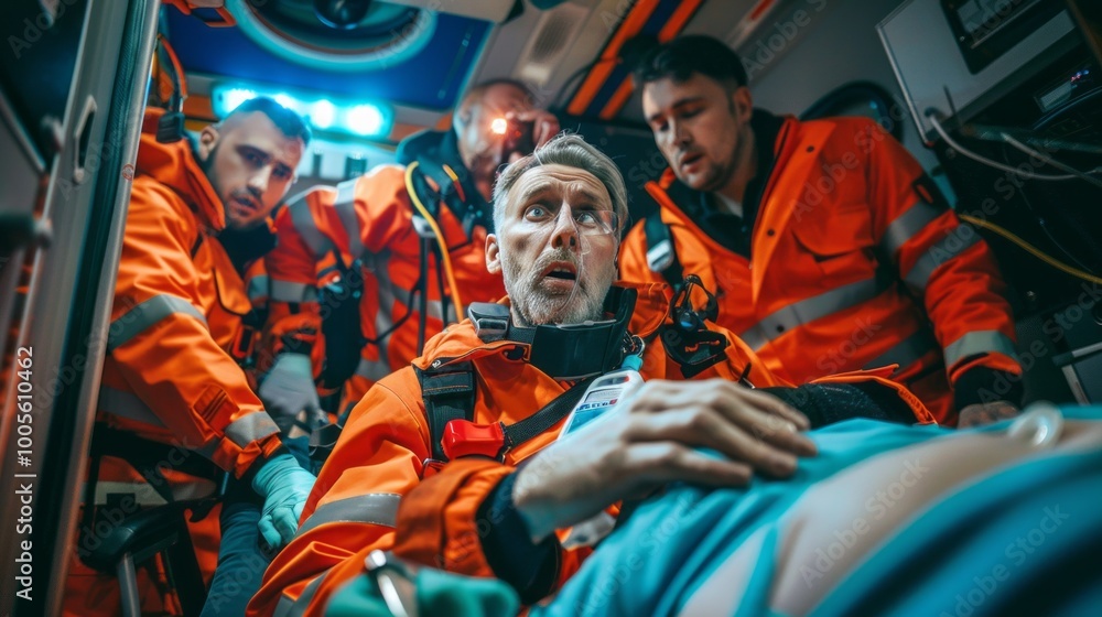 Poster a man in an orange jacket is helping another man who is lying on the ground