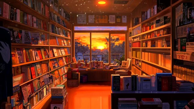 Cozy bookstore at sunset with bookshelves and large window view. Seamless looping 4K video background