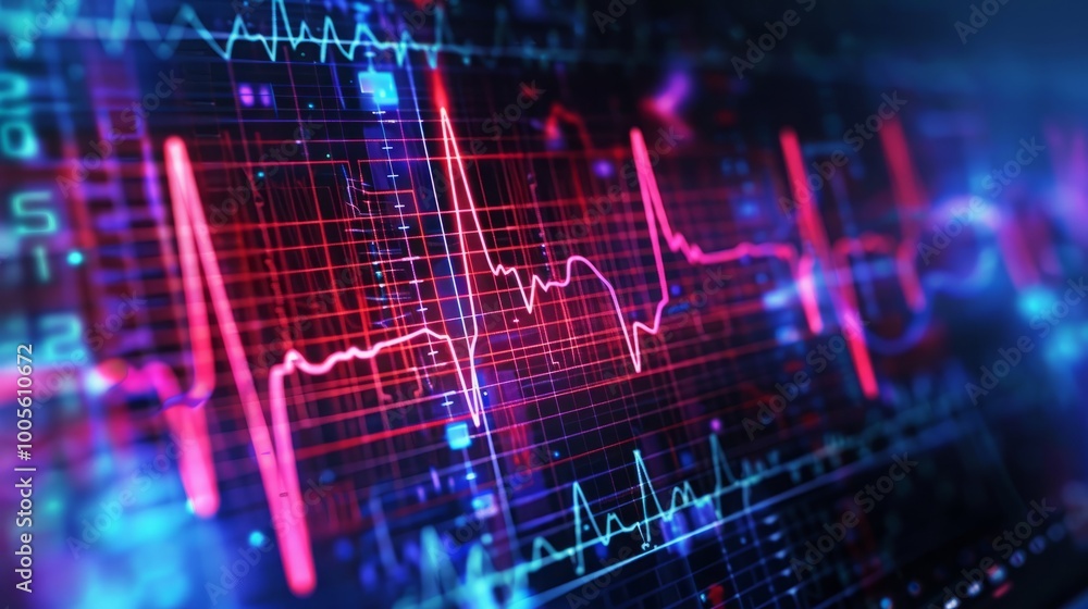 Poster a close-up of a digital display with a bright red heartbeat line, pulsating rhythmically. the screen