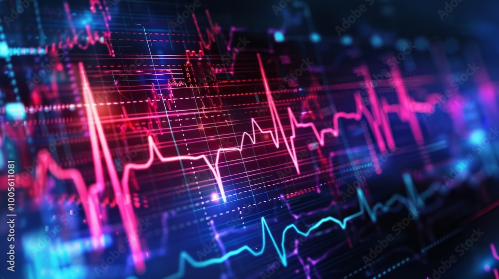Poster a close-up shot of a digital monitor displaying bright pink and blue lines, representing heart rate 