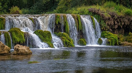 Fototapeta premium Tranquil cascading waterfall with mossy rocks.