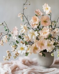 Pastel hued botanical still life with elegant arrangement of delicate blooms plush textures and muted tones minimalist composition highlighting natural beauty soft focus creating a dreamlike
