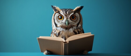 Detailed wise owl reading a book against a blue background, illustrating wisdom and learning, with ample copy space for educational use