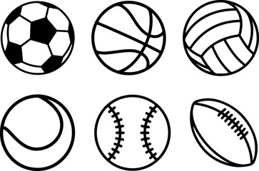 Icon set of balls used in soccer baseball football basketball volleyball tennis rugby ball sports . Thin line icons flat vector illustrations isolated on white transparent background	