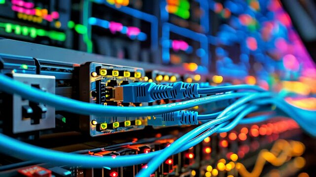 Close-up view of an internet cable being connected to a network switch, showcasing the technology of connectivity in modern networking.