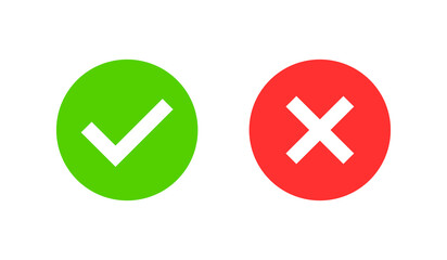 A simple icon set featuring two bold symbols a green circle with a white checkmark and a red circle with a white cross, error or rejection.