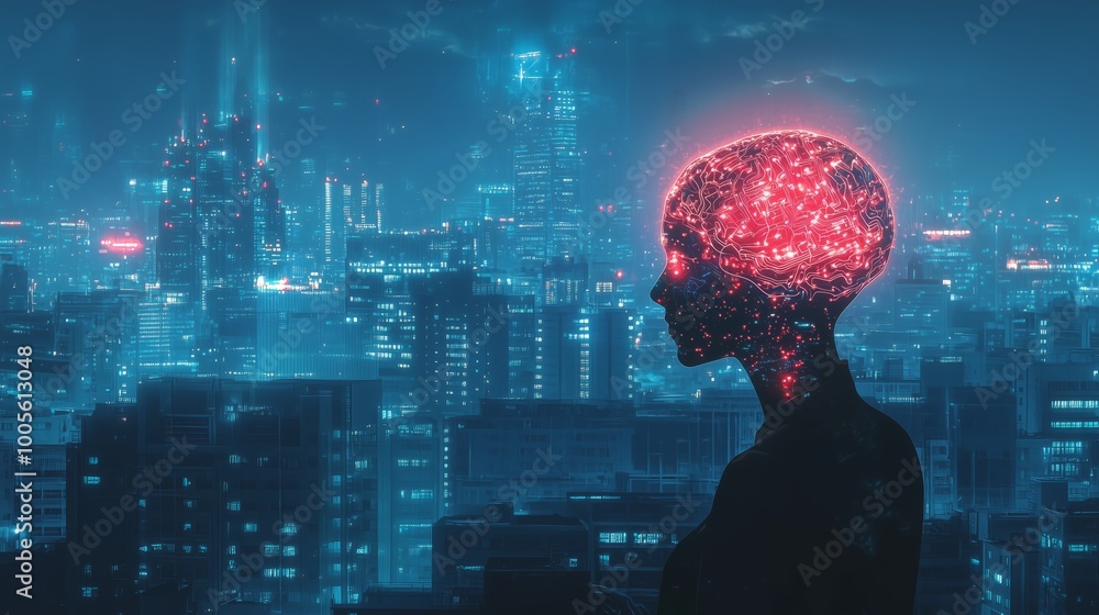 Poster futuristic robot brain with glowing circuits