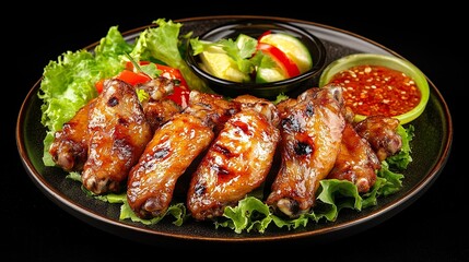 Fototapeta premium A menu of fried chicken wings arranged on a plate. Thai ASEAN food, rich in protein, vegetables, spices, grilled or fried. Fast food, convenient, fast, delicious taste. .generative ai