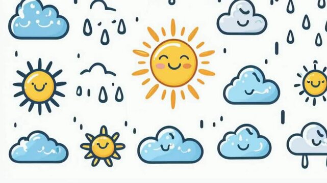 Cute Hand-Drawn Weather Icons with Smiling Sun and Clouds. Cute Doodle Icons of Stars, Sun, Clouds, Rain, Snow and Other Objects on a White Background