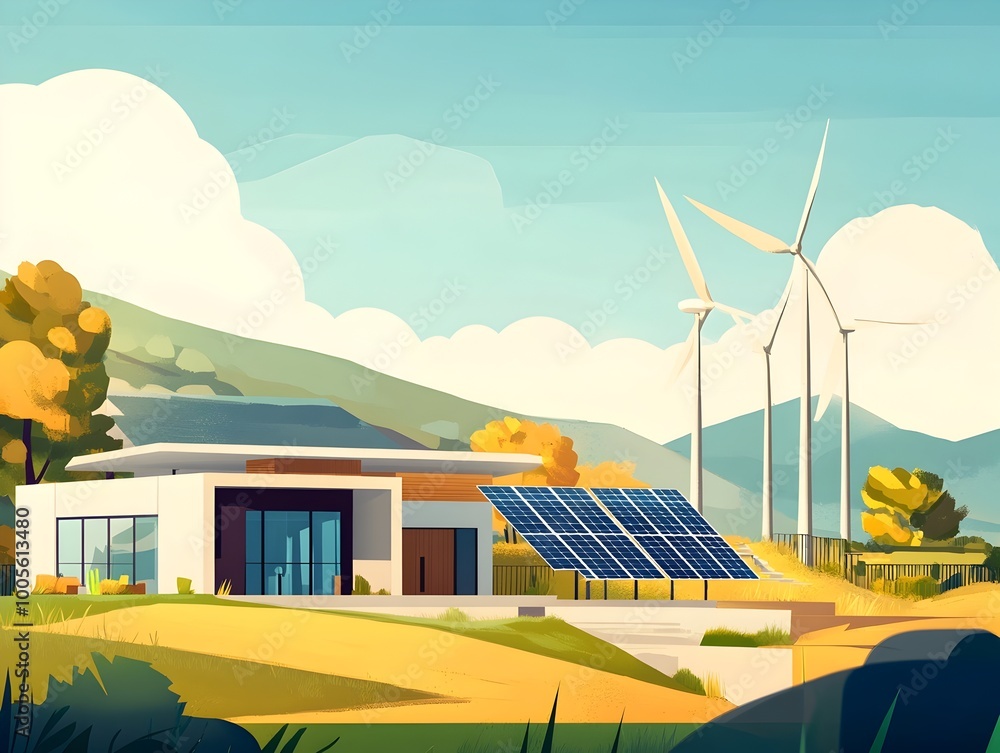 Poster compact eco friendly power station with blocky minimalist solar arrays and wind turbines in a cheerf