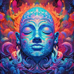 Naklejka premium A vibrant, psychedelic portrait of a serene figure with intricate patterns.