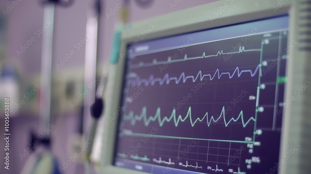 Poster a close-up shot of a heart monitor screen displaying vital signs. the screen is dark and the lines a