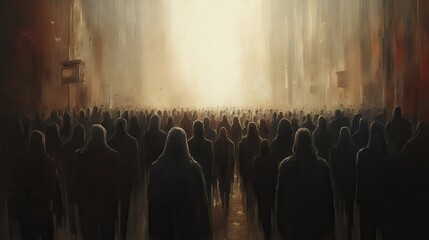 Obraz premium A Large Crowd of People in Silhouettes Facing a Bright Light