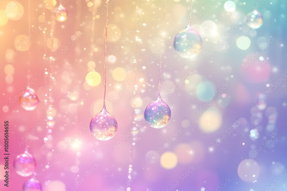 Poster pastel rainbow hued backdrop with cascading bokeh spheres iridescent bubbles floating in the air shi