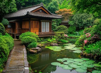 Fototapeta premium Japanese Garden Pond House.