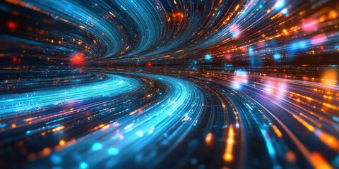 a blue and orange abstract background with light streaks