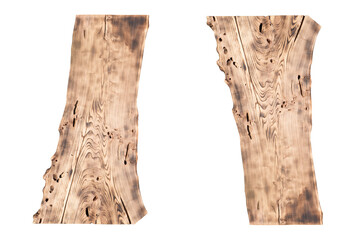 Production of a wooden table from an array of Karagach. Wood Slabs isolated on white background....