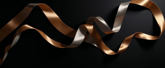 Elegant golden and silver ribbons on a black background with copy space