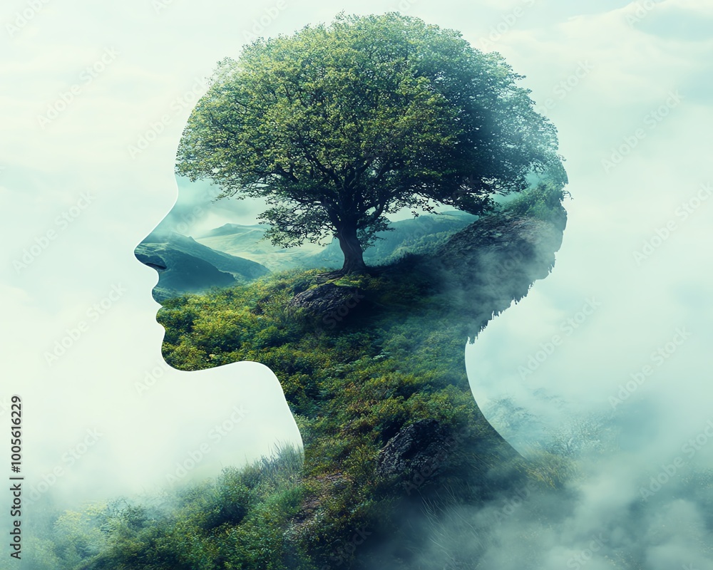 Poster outline of a head with a tranquil landscape, symbolizing inner peace and mental serenity, with clear
